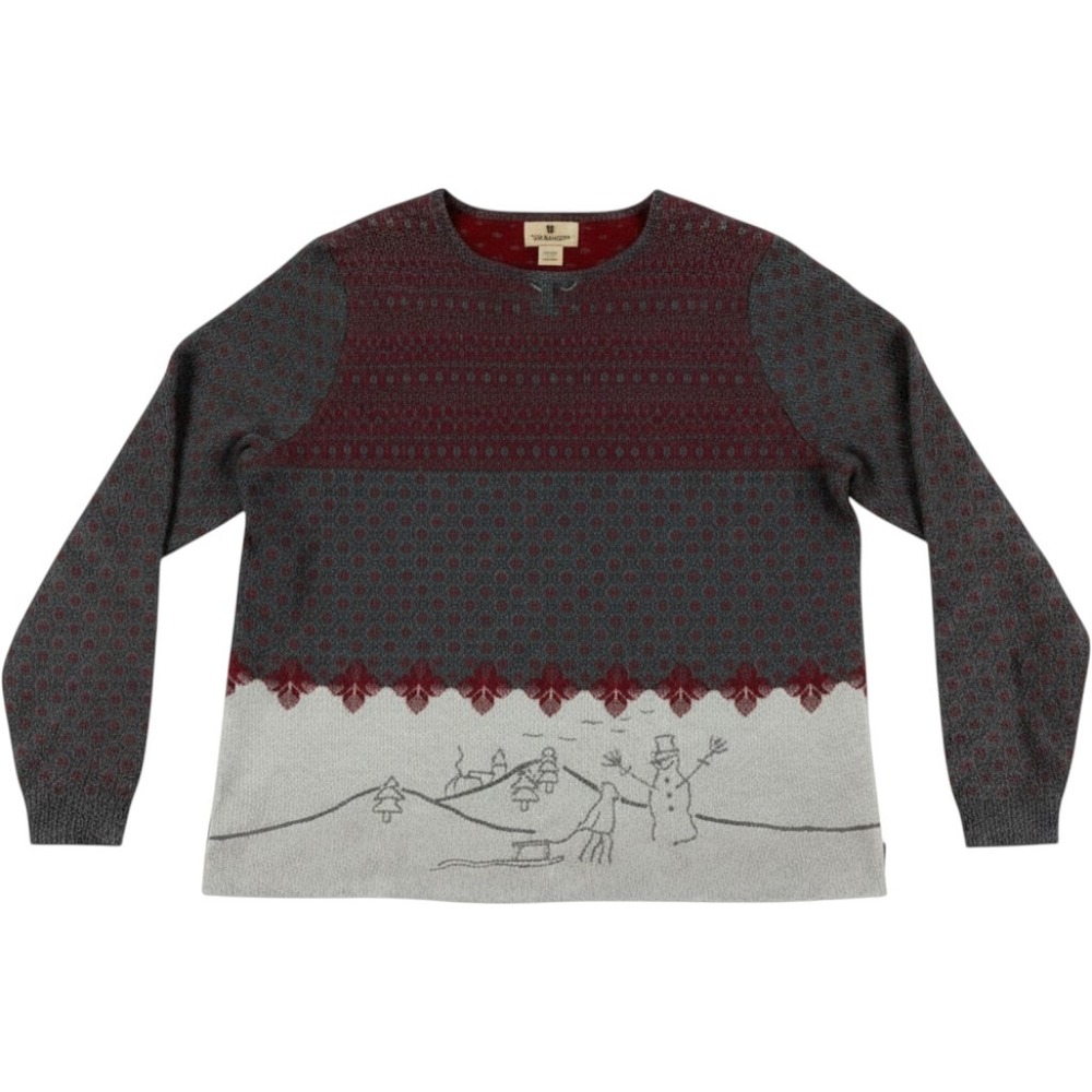 Woolrich Womens XL Winter Scene Fair Isle Sweater Burgundy Grey Snowman 13667